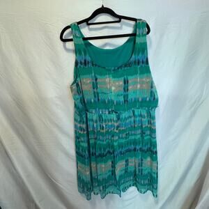 Dressbarn Plus 20W Teal Blue Ikat Print Chiffon Sleeveless Midi Dress Lined Boho